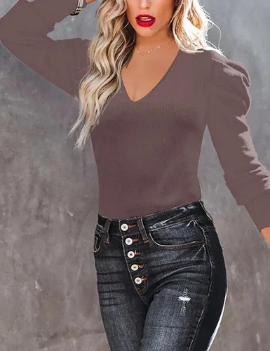 Vista 3 de Suéter de punto de manga larga abombada para mujer, estilo casual, cuello en V, acanalado, liso, suave, ajustado