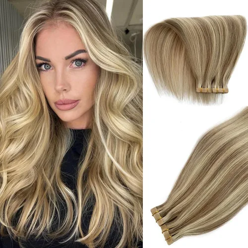 Vista 25 de Extensiones adhesivas rubias de cabello humano brasileño grado 9A, #60 rubio platino, cinta en 12 pulgadas, 20 unidades por juego, extensiones