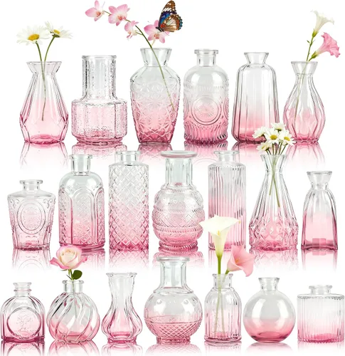 Vista 13 de Der Rose Juego de 12 jarrones de vidrio ámbar, pequeños jarrones para flores, centros de mesa rústicos de boda y decoración del hogar