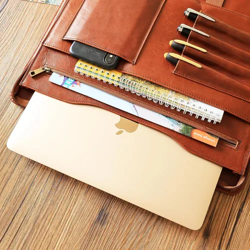 Vista 3 de Cartera de piel auténtica, con cremallera para hombres, carpeta de cuero para bloc de notas tamaño carta, cartera para mujeres, organizador de Cera