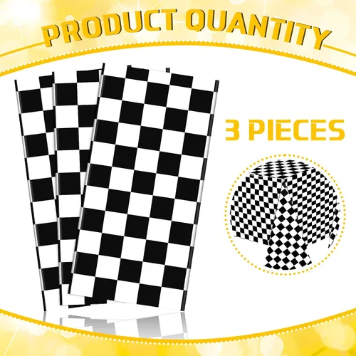 Vista 4 de 3 hojas de manteles desechables a cuadros en blanco y negro para fiesta de automóvil de carreras, 54 x 108 pulgadas, mantel rectangular de plástico