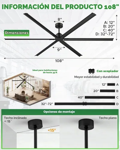 Vista 5 de HVLS Ventilador de techo industrial grande de 108 pulgadas, ventilador de techo comercial grande con control remoto, altura ajustable, motor de CC