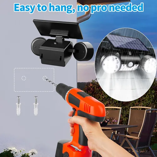 Vista 5 de Luces solares para exteriores, con sensor de movimiento, luces solares de pared con focos de doble cabeza, 30 LED, impermeables, 360°, luces