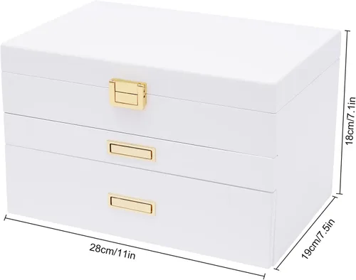 Vista 9 de LOYALHEARTDY Joyero de madera grande de 3 capas, organizador grande de joyería para mujeres, 2 cajones de almacenamiento para anillos, collares