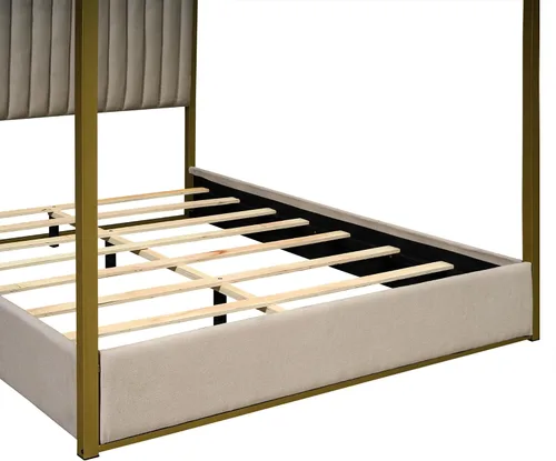 Vista 8 de Marco de cama moderno con dosel de 4 doseles, cama de plataforma de madera con cabecera tapizada, camas de plataforma de madera de bajo perfil