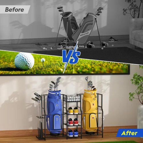 Vista 5 de samstar Organizador de garaje de almacenamiento de golf, soporte de almacenamiento para bolsas de golf, 2 bolsas de golf y accesorios para equipos