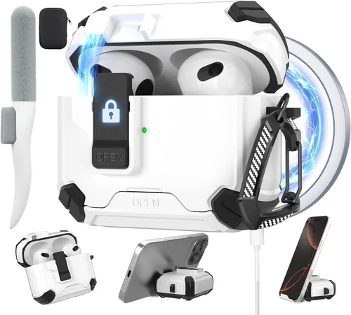 Vista 27 de Maxjoy Funda protectora para AirPods 4 2024, funda protectora para AirPods de 4ª generación con bloqueo automático, compatible con MagSafe, Verde