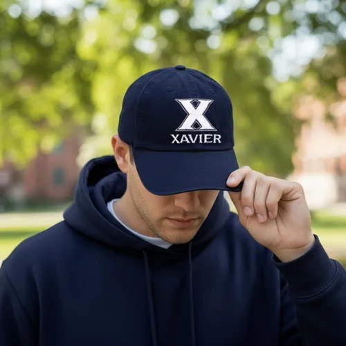 Vista 5 de Desert Cactus Xavier - Gorra de béisbol de la Universidad XU, mosqueteros bordados, correa de tela ajustable para adultos (estilo B) azul
