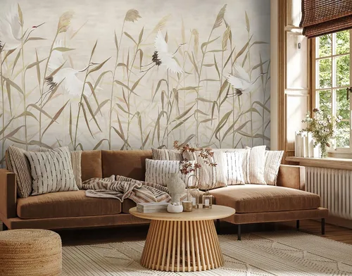 Vista 3 de Murwall Crane birds wallpaper Boho Grass Wall Mural Watercolor Pampas Landscape Wallpaper Soft Meadow with Chinese Birds Wallpaper