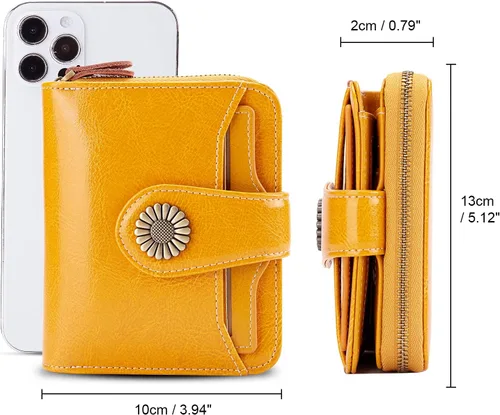 Vista 3 de INSIFEEL Billetera pequeña para mujer, bolso compacto de cuero con bloqueo RFID RFID para mujer, Amarillo, Retro