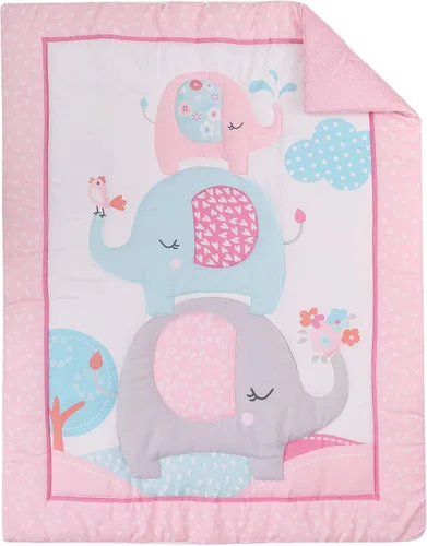 Vista 2 de Juego de ropa de cama de cuna de elefante floral de 4 piezas, elefante rosa, conjunto de ropa de cama para bebé niña