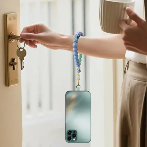 Vista 3 de VICHUNHO Correa de muñeca de teléfono con cuentas de silicona de mármol, cordón para teléfono celular con pestaña de sujeción, pulsera elástica