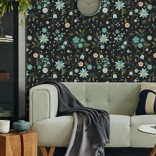 Vista 7 de VaryPaper Papel tapiz floral negro de 17.7 x 78.7 pulgadas, diseño de copos de nieve y flores, papel tapiz autoadhesivo extraíble, papel de contacto