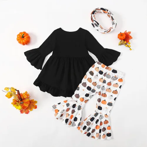 Vista 2 de Noubeau Trajes de Halloween para bebés y niñas pequeñas, con estampado de letras, manga acampanada, camisa de vestir linda calabaza con pantalones