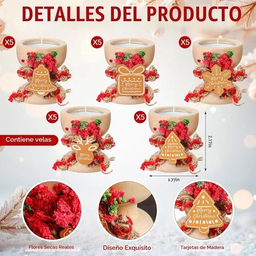 Vista 2 de Paquete de 25 velas de Navidad para regalo, tarro rústico de velas de Feliz Navidad, velas de té a granel con soporte de madera natural, decoración