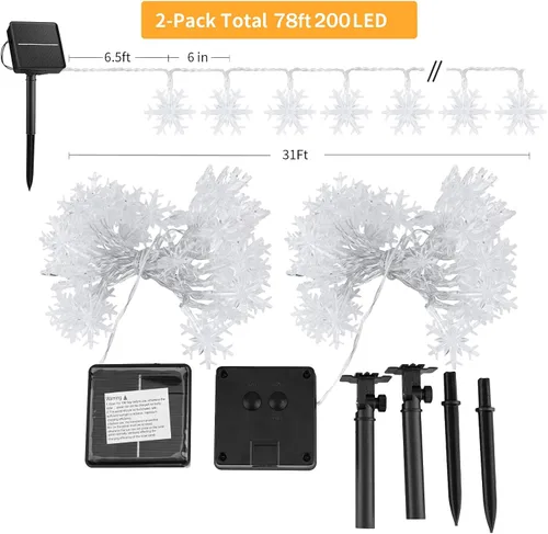 Vista 6 de Brightown Guirnalda de luces solares de copo de nieve de Navidad, paquete de 2 unidades, 100 luces LED de 78 pies para exteriores, impermeables
