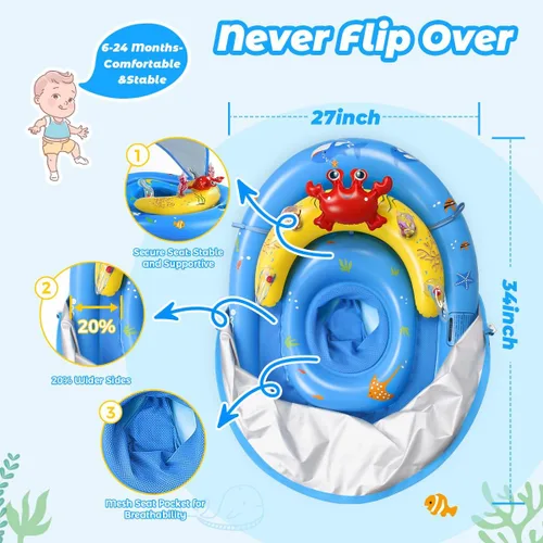 Vista 5 de LAYCOL Baby Pool Float with Canopy UPF50+, 120°Adjustable Sun Protection and Anti-Tip Safety Seat, Inflatable Toddler Floaties Infant Pool Float