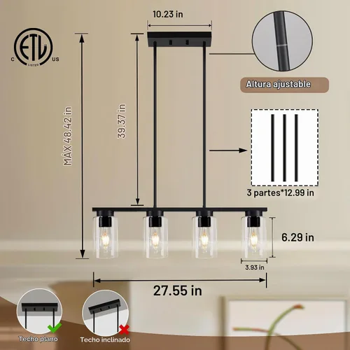 Vista 5 de Luces de isla para cocina, 4 luces negras para isla de cocina, lámparas de iluminación para comedor sobre mesa, moderna lámpara de comedor