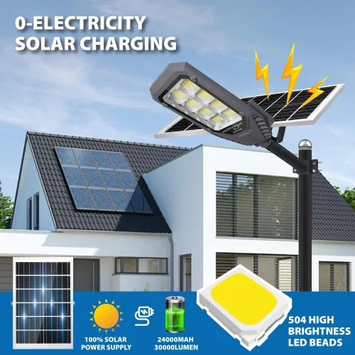 Vista 2 de Farolas solares para exteriores, luces de inundación solares de 4600 W, IP67, impermeables, 6500 K, 504 LED, luz de seguridad comercial con control