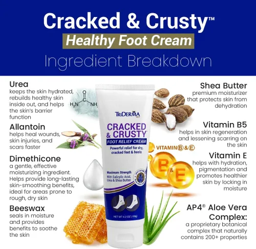 Vista 4 de TriDerma Cracked & Crusty™ Crema para pies saludables hidrata, suaviza y cura los pies secos, talones agrietados y codos secos con ácido salicílico