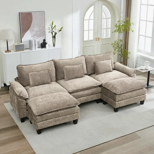 Vista 30 de URRED - Sofá seccional modular tipo nube, cómodo sofá cama de chenilla moderna con asientos profundos y otomán/almohadas para sala de estar