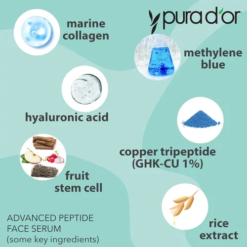 Vista 3 de PURA D'OR Advanced Peptide Face Serum - Tripéptido de cobre, extracto de células madre a base de plantas, colágeno marino de algas, ácido
