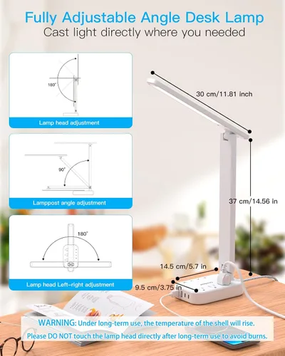 Vista 11 de One Beat lámpara de escritorio LED pequeña con extensión de 5 pies, tira de corriente con 3 tomas de corriente, 4 puertos USB (2 USB C), 4 modos, 5