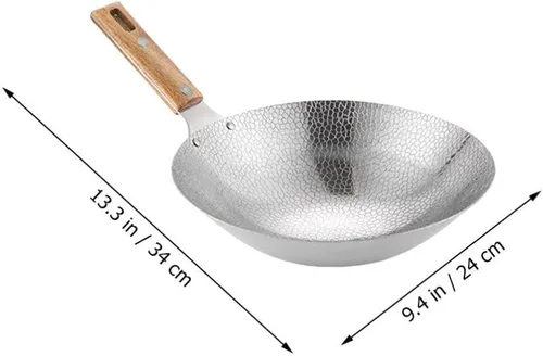 Vista 7 de Luxshiny Wok de acero inoxidable de 13.38 pulgadas con mango de madera, sartén de cocina para el hogar para freír vapor y olla caliente utensilios