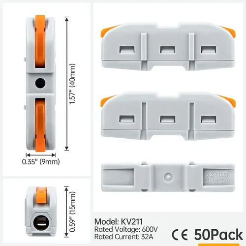 Vista 6 de 50 conectores de cable de palanca, 1 conductor compacto de empalme para circuito en línea 24-12 AWG (naranja)