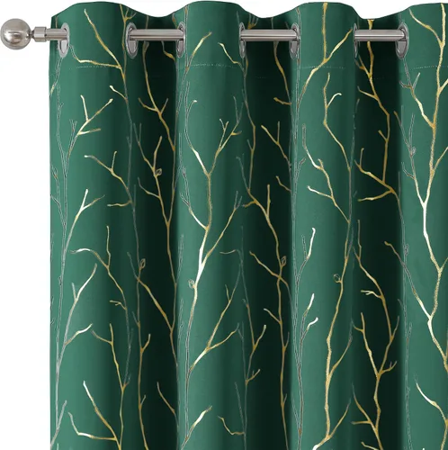 Vista 44 de BUHUA Cortinas pequeñas para ventana de 36 pulgadas de largo, 2 paneles, cortinas opacas con elegantes ramas de árbol plateadas, cortinas de bloqueo
