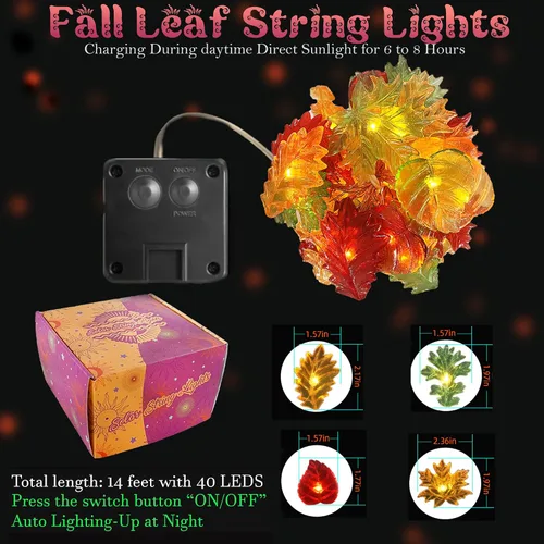 Vista 3 de Guirnalda de luces solares de hojas de otoño para decoración de jardín, luz impermeable para patio, Acción de Gracias, Navidad, 40 LED, 14 pies