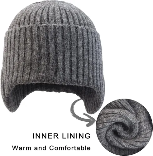 Vista 3 de Muryobao Gorro de invierno para hombre, con puños y orejeras, tejido elástico, gorro de punto para esquí