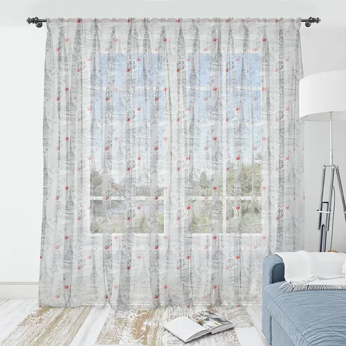 Vista 8 de Ambesonne Cortinas de tul Eiffel con bolsillo para barra, globos retro de corazón de café, remolinos de hito francés, cortina transparente