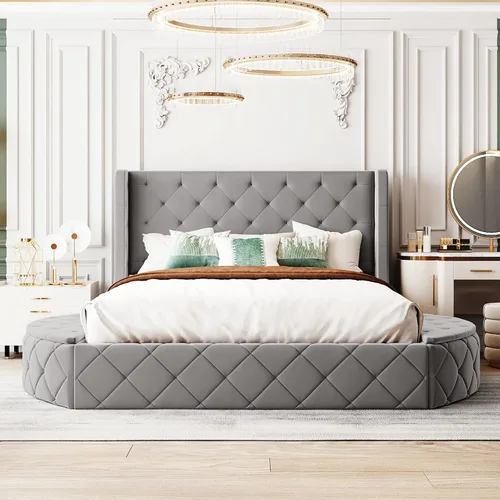 Vista 10 de Base de cama de almacenamiento tamaño Queen de terciopelo, cama de plataforma tapizada de lujo con cabecera con respaldo de alas y 1 cajón grande