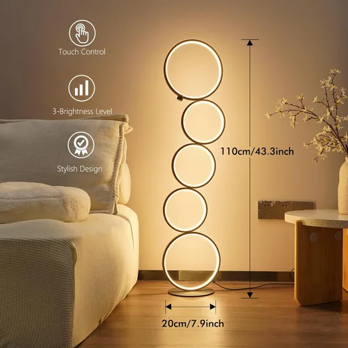 Vista 3 de NUÜR Moderna lámpara de pie LED de 5 anillos, lámpara de pie circular artística de 43.3 pulgadas, luz de acento escultural regulable sin escalones