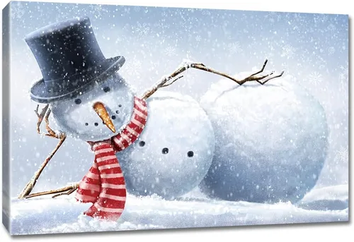 Vista 17 de gaosoul Lienzo de muñeco de nieve navideño para pared, lindo muñeco de nieve en pintura de paisaje nevado, póster navideño para sala de estar