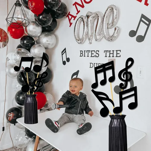 Vista 6 de 21 piezas de centro de mesa con temática de notas musicales, decoraciones musicales para fiesta de cumpleaños, centros de mesa para mesa rock