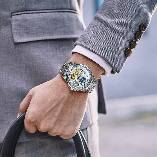 Vista 5 de Caluxe Reloj de pulsera mecánico automático para hombre Tourbillon 24 horas de fase lunar CA525