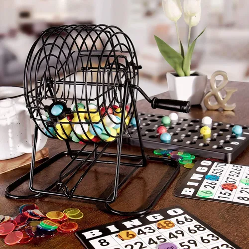 Vista 7 de GSE Games & Sports Expert Juego de bingo de lujo con jaula de acero, tablero maestro, 75 bolas, 150 fichas, 18 tarjetas de bingo para fiestas