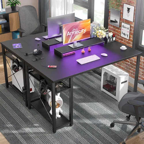 Vista 2 de Armocity Escritorio para computadora con luces LED, escritorio de juegos con toma de corriente y USB, mesa reversible para laptop 40 con soporte