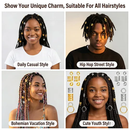Vista 7 de 60 piezas de accesorios metálicos para el cabello de estilo surtido, anillos para puños, cuentas de bobina, botones de rastas, decoraciones