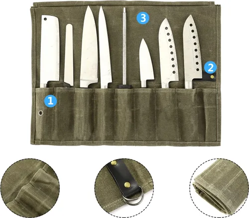 Vista 3 de Bolsa enrollable para cuchillos de chef, 9 bolsillos, funda de lona para cuchillos, cartera para cuchillos, protectores para cuchillos de chef