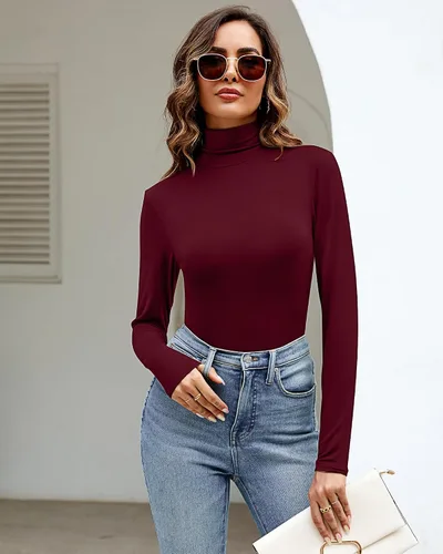 Vista 4 de Ficerd Paquete de 2 camisas de cuello alto para mujer, manga larga, cuello alto, ajustadas, suaves, elásticas, térmicas, básicas, sin botones