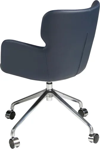 Vista 4 de Silla oficina giratoria con reposabrazos. Tapizada en polipiel Color Azul Marino. Sistema giratorio 360º. Estructura de Patas en acero inoxidable