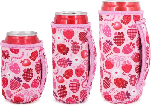 Vista 7 de 3 Pack de fundas aisladas reutilizables de neopreno con asa para soda, bebida energética, refresco, cerveza, seltzer duro, fundas para latas de 12