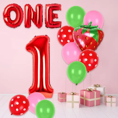 Vista 6 de Whaline 30 piezas de decoración de primer cumpleaños de fresa, globos número uno, letras UNO, globos de fresa, globos rosados y verdes para bayas
