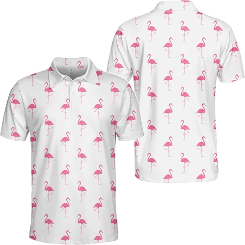 Vista 3 de Polo de manga corta con flamenco rosa en blanco para hombre, polos para hombres, camisas de golf para hombre, polo de manga corta