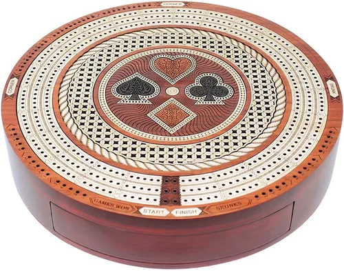 Vista 3 de House of Cribbage - Tabla de cuna continua de 3 pistas de forma redonda de 10" - Madera de arce/sangre - Cajón de empuje con campos de marcado