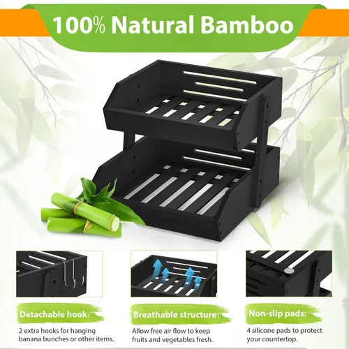 Vista 2 de Gmtsl Cesta de frutas de bambú para cocina, frutero de 2 niveles para encimera de cocina, soporte grande para frutas con 2 ganchos para plátanos