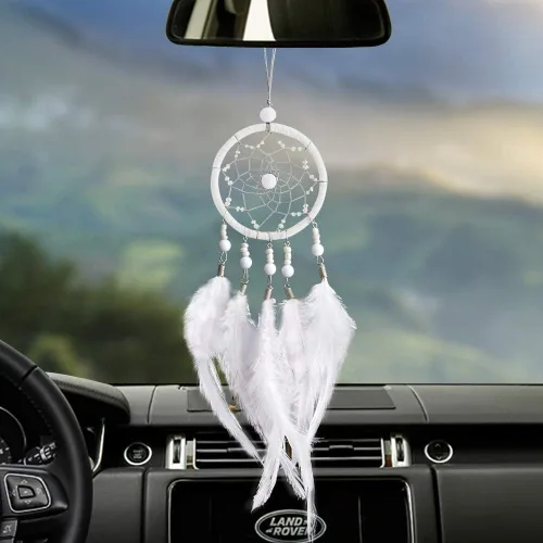 Vista 7 de Dremisland Atrapasueños hecho a mano blanco atrapasueños espejo retrovisor de coche colgante con adorno de perla (blanco)